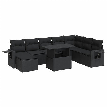 9-tlg. Garten-Sofagarnitur mit Kissen Schwarz Poly Rattan