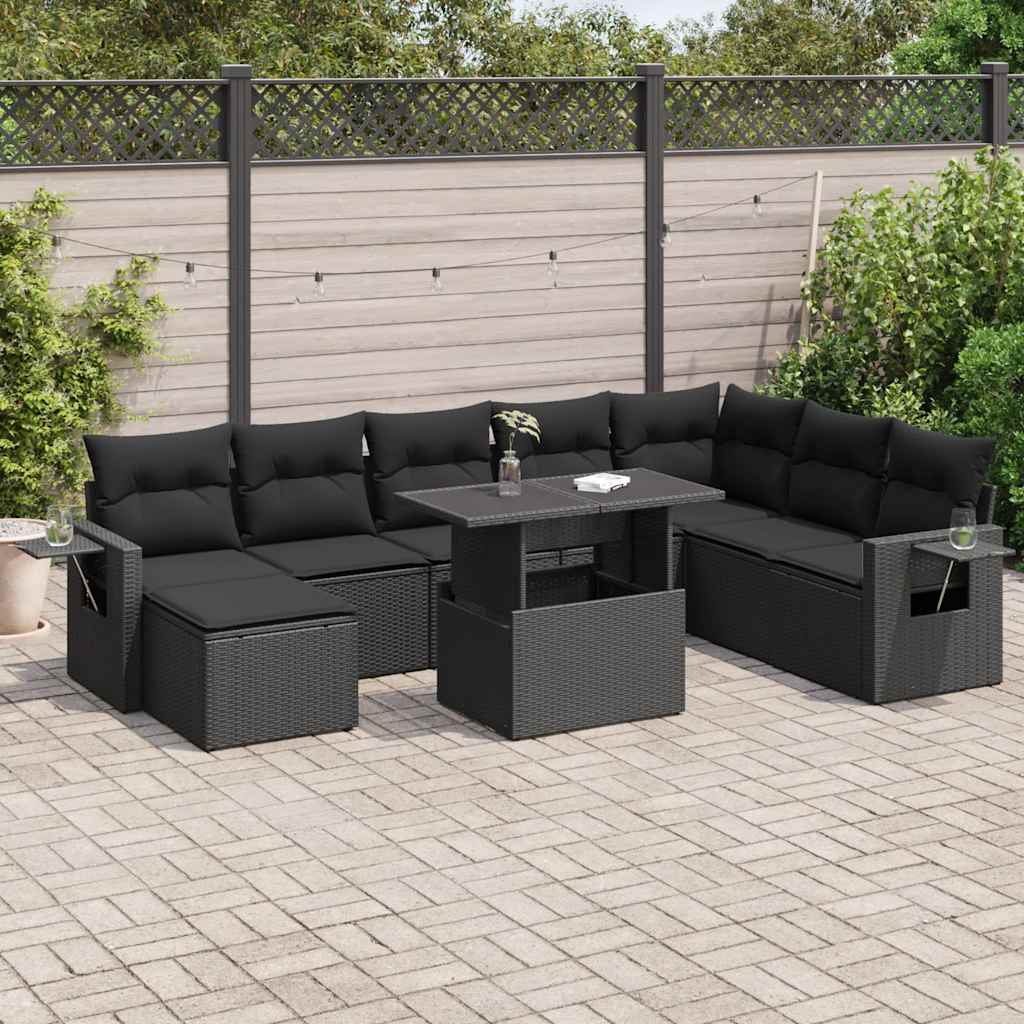 9-tlg. Garten-Sofagarnitur mit Kissen Schwarz Poly Rattan