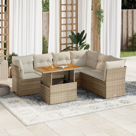 7-tlg. Garten-Sofagarnitur mit Kissen Beige Poly Rattan