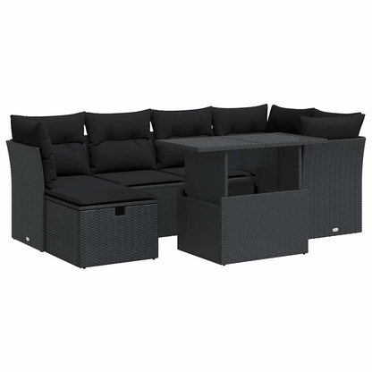 7-tlg. Garten-Sofagarnitur mit Kissen Schwarz Poly Rattan