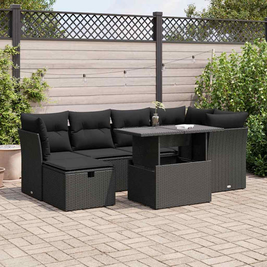 7-tlg. Garten-Sofagarnitur mit Kissen Schwarz Poly Rattan